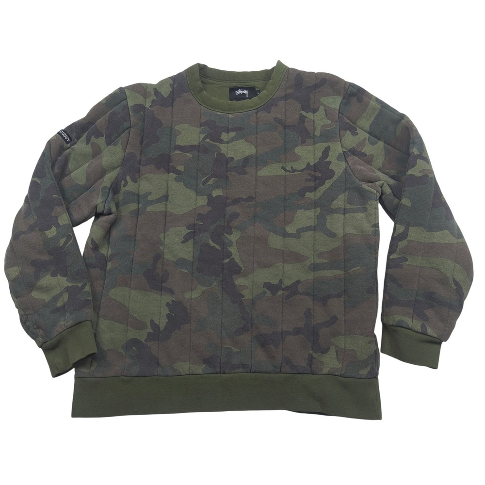 Stussy Mens Small Quilted Camo Crewneck Sweatshirt Green Camouflage Streetwear